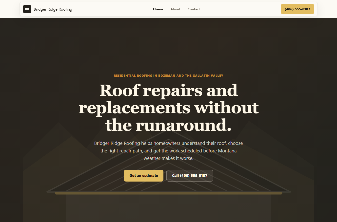 Desktop homepage of the Landeros Roofing Solutions demo website showing hero, services, and estimate call-to-action